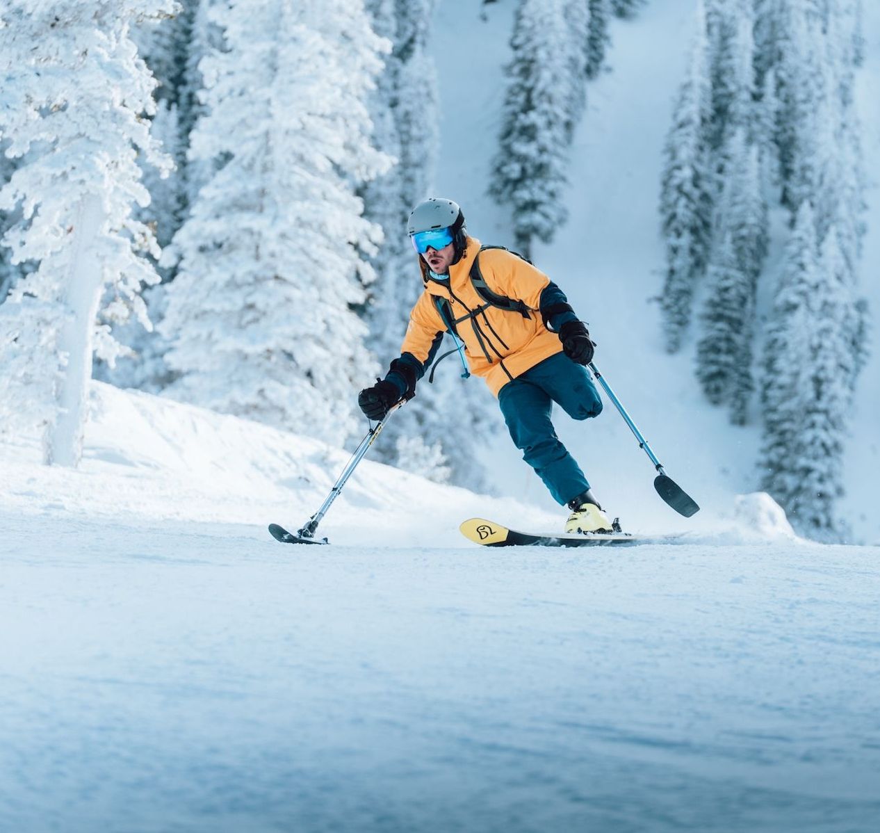 Para-athlete Kyle Stepp skiing at Taos Ski Valley